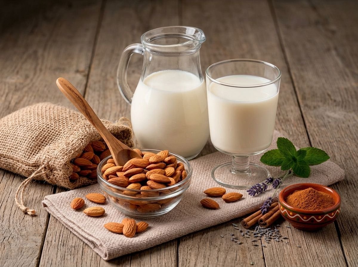 Jarra y copa de leche de almendras sobre un lienzo de yute, con almendras, canela en rama y lavanda