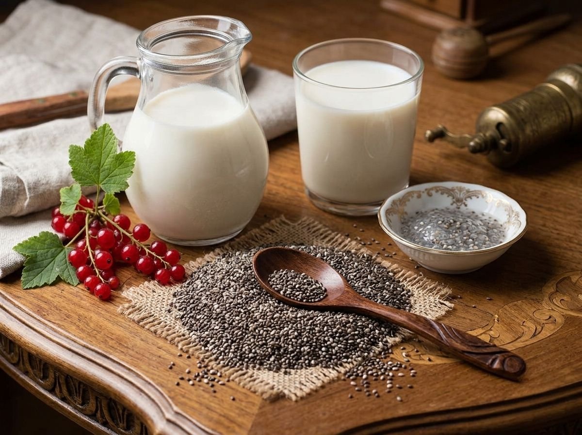Jarra y vaso de leche de chía sobre una mesa de madera, con semillas de chía extendidas sobre un lienzo de yute