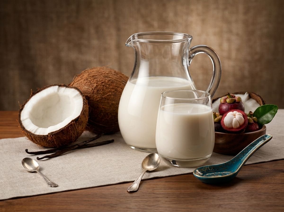Jarra y vaso de leche de coco fresco junto a un coco partido por la mitad sobre un mantel de lino