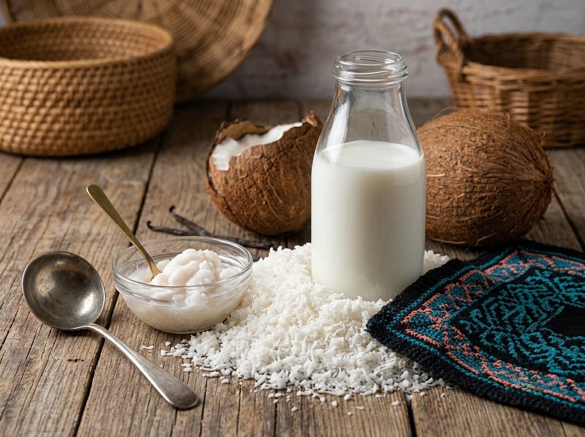 Botella de leche de coco sobre una mesa rústica, rodeada de coco rallado húmedo y cocos enteros