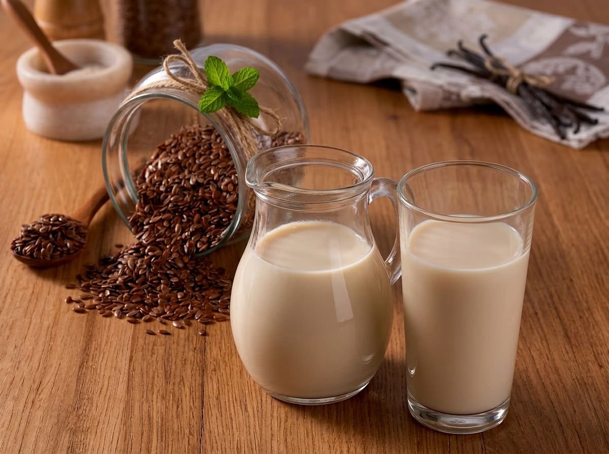 Jarra y vaso de leche de linaza cruda sobre una mesa de madera, junto a un frasco volcado con semillas de lino