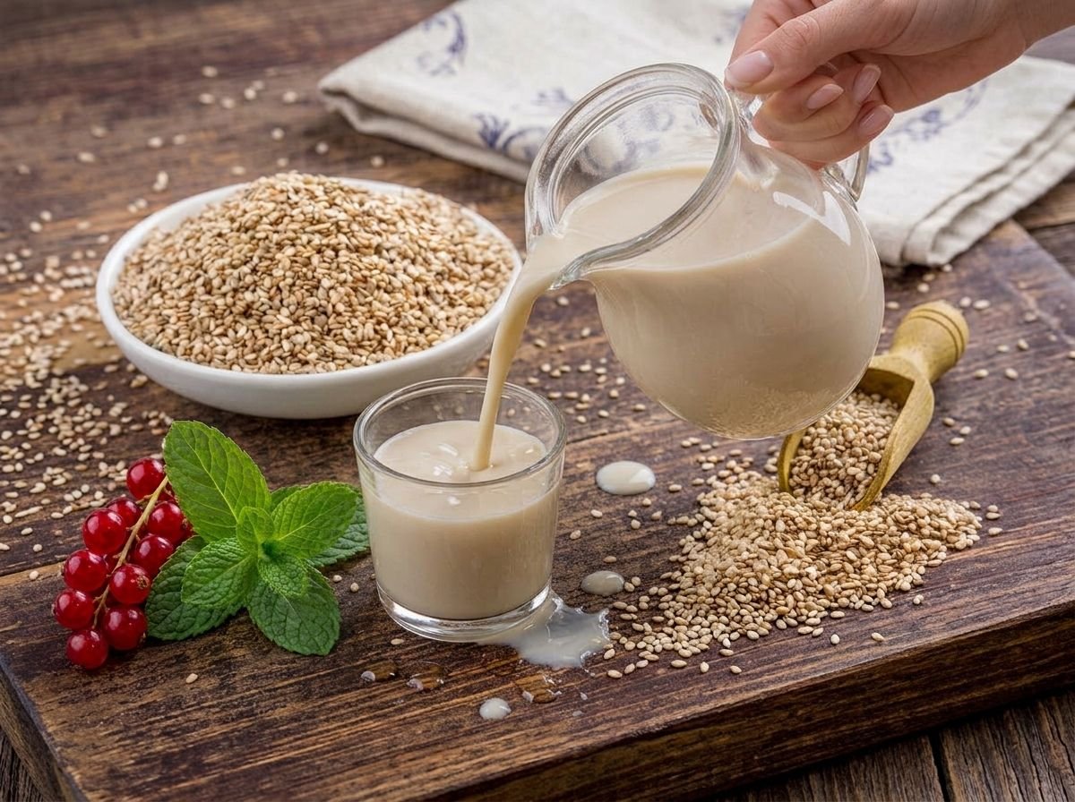 Leche de sésamo crudo sirviéndose de una jarra a un vaso, sobre una tabla de madera con semillas de ajonjolí