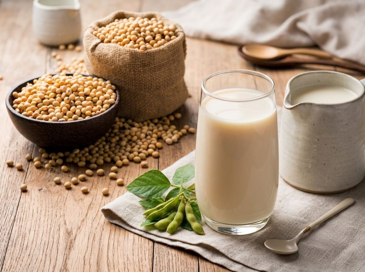 Vaso alto de leche de soya bebible sobre una mesa de madera, con vainas de soya frescas y un cuenco de granos