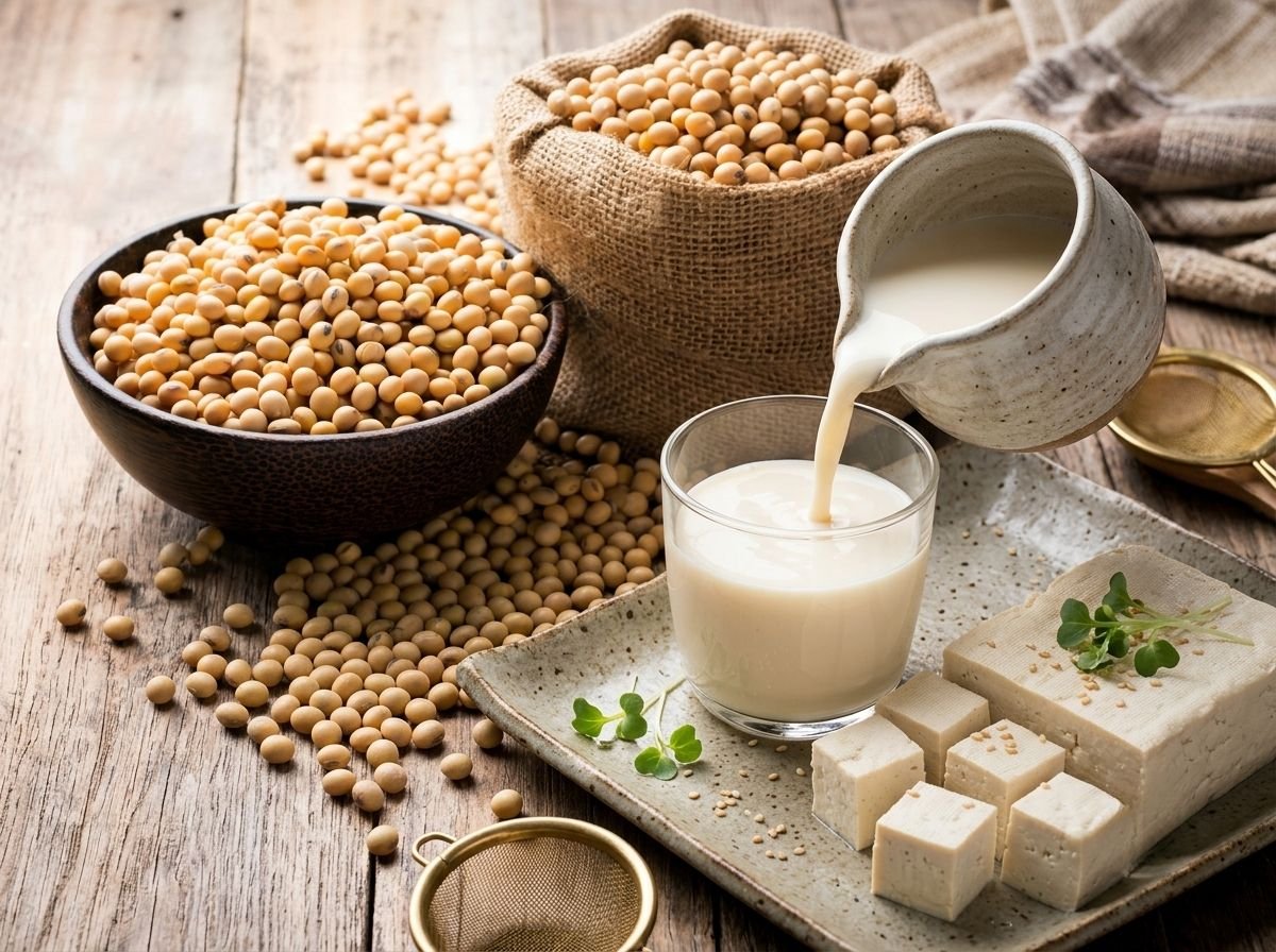 Leche de soya concentrada sirviéndose en un vaso, junto a granos de soya y bloques de tofu recién cortados