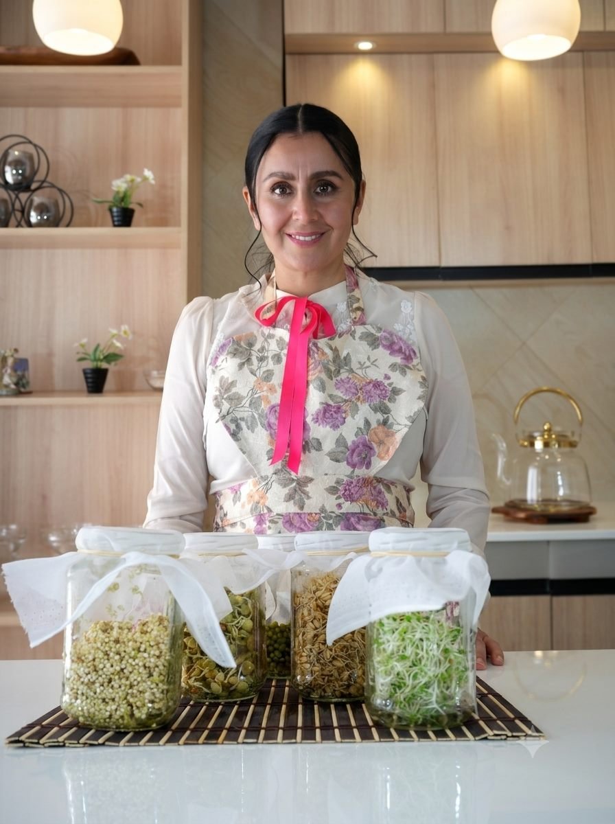 Loretta Guereca en su cocina, detrás de cuatro frascos de germinados cubiertos con lienzo: garbanzo, arveja, trigo y alfalfa
